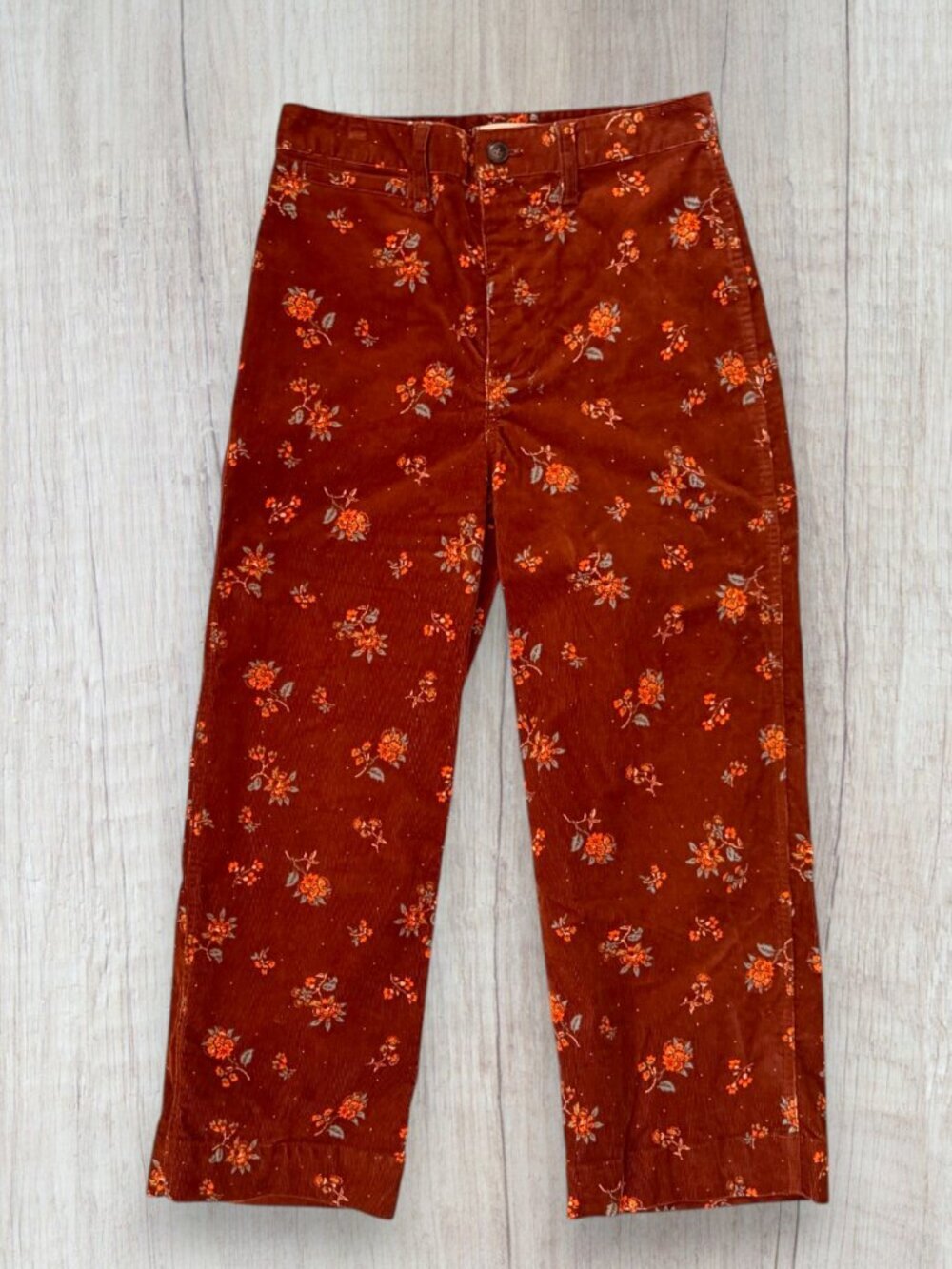 Madewell Slim Emmett Wide Leg Crop Floral Corduroy Pants Brown Size 26 Boho